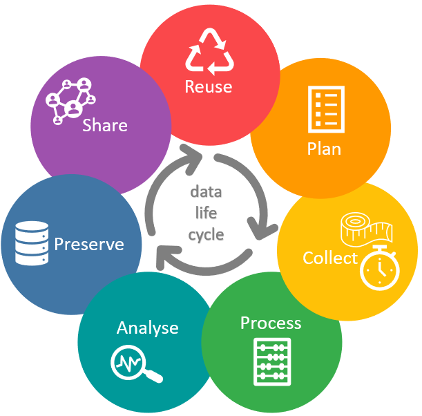 Visualisation of a data life cycle. Seven small circles arranged overlapping in a large circle and representing the following parts of a data life cycle: plan, collect, process, analyse, preserve, share and reuse. Written in the centre is "data life cycle", surrounded by three arrows that form a circle and indicate the reading direction in a clockwise direction.